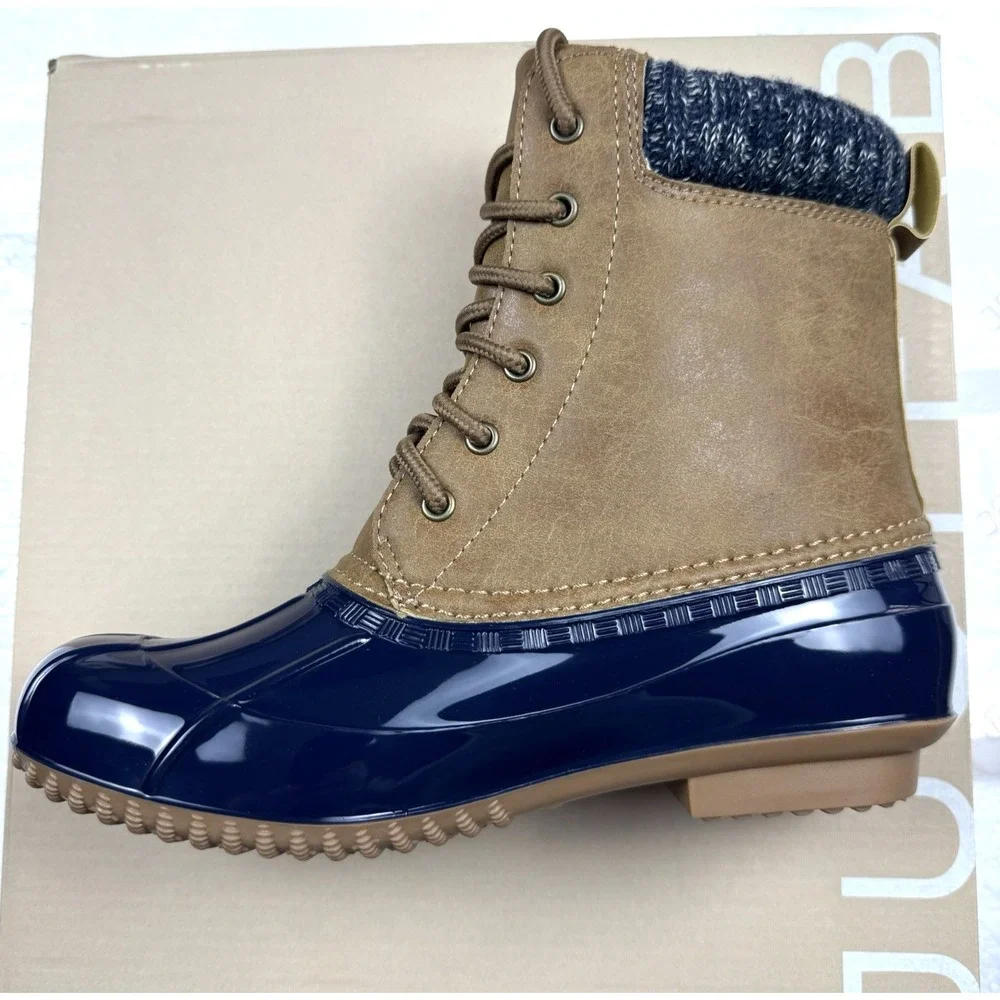 Women's Cold Weather Evi Duck Boot Brown/Navy Size 6.5 JUSTFAB New Outdoor Chore